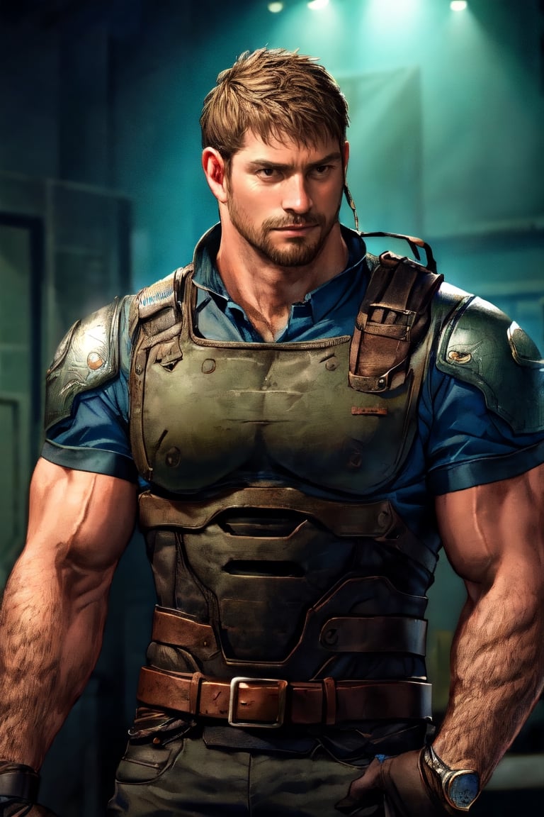 1_boy, solo, looking at viewer, short hair, brown hair, 1boy, upper body, male focus, grey shirt, facial hair, shoulder armor, realistic, masculine, muscular, large pecs, arm hair, manly, handsome, charming, alluring, perfect eyes, perfect anatomy, perfect proportions, (perfecteyes) perfect anatomy, perfect proportions, best quality, masterpiece, high_resolution, dutch angle, cowboy shot, photo background, perfect hands, perfect fingers, intricate details,photorealistic,Anime,chris-rev,Pixel art