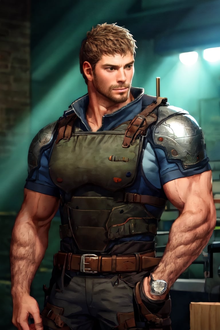 1_boy, solo, looking at viewer, short hair, brown hair, 1boy, upper body, male focus, grey shirt, facial hair, shoulder armor, realistic, masculine, muscular, large pecs, arm hair, manly, handsome, charming, alluring, perfect eyes, perfect anatomy, perfect proportions, (perfecteyes) perfect anatomy, perfect proportions, best quality, masterpiece, high_resolution, dutch angle, cowboy shot, photo background, perfect hands, perfect fingers, intricate details,photorealistic,Anime,chris-rev,Pixel art