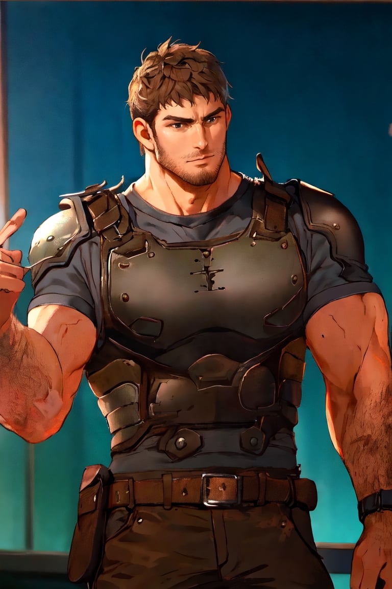 1_boy, solo, looking at viewer, short hair, brown hair, 1boy, upper body, male focus, grey shirt, facial hair, shoulder armor, realistic, masculine, muscular, large pecs, arm hair, manly, handsome, charming, alluring, perfect eyes, perfect anatomy, perfect proportions, (perfecteyes) perfect anatomy, perfect proportions, best quality, masterpiece, high_resolution, dutch angle, cowboy shot, photo background, perfect hands, perfect fingers, intricate details,photorealistic,Anime,chris-rev