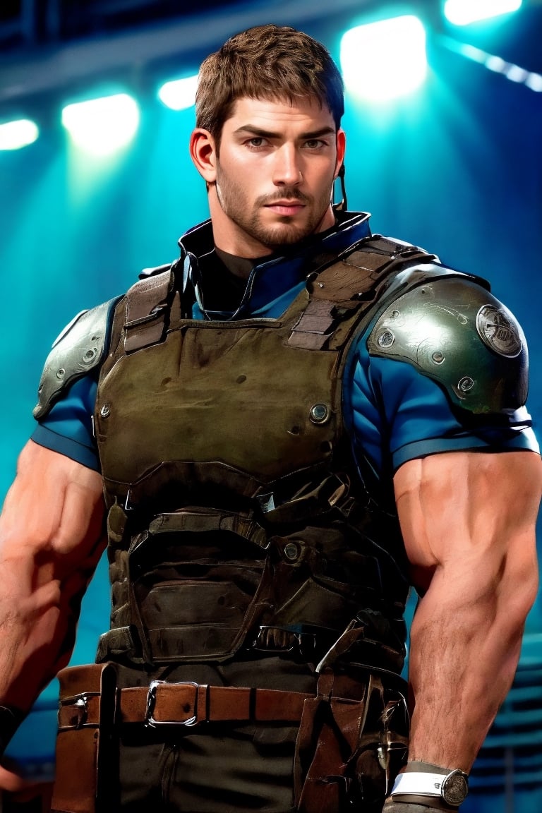 1_boy, solo, looking at viewer, short hair, brown hair, 1boy, upper body, male focus, grey shirt, facial hair, shoulder armor, realistic, masculine, muscular, large pecs, arm hair, manly, handsome, charming, alluring, perfect eyes, perfect anatomy, perfect proportions, (perfecteyes) perfect anatomy, perfect proportions, best quality, masterpiece, high_resolution, dutch angle, cowboy shot, photo background, perfect hands, perfect fingers, intricate details,photorealistic