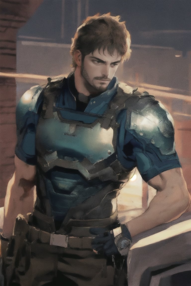 1_boy, solo, looking at viewer, short hair, brown hair, 1boy, upper body, male focus, grey shirt, facial hair, shoulder armor, realistic, masculine, muscular, large pecs, arm hair, manly, handsome, charming, alluring, perfect eyes, perfect anatomy, perfect proportions, (perfecteyes) perfect anatomy, perfect proportions, best quality, masterpiece, high_resolution, dutch angle, cowboy shot, photo background, perfect hands, perfect fingers, intricate details,photorealistic,Anime,chris-rev