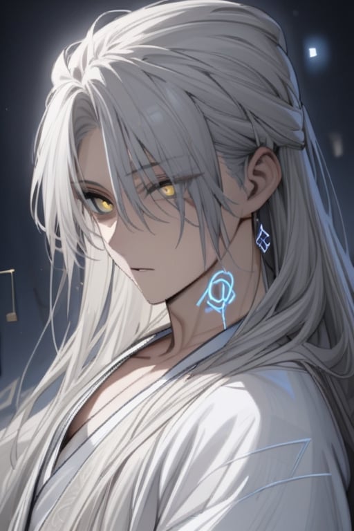 ((masterpiece, best quality)), detailed face, 1boy, (beautiful detailed eyes), sharp_eyes, yellow_eyes, silver_hair, long_hair, moonlight, (white hanfu), (runes on neck:1.2), (half_body) 