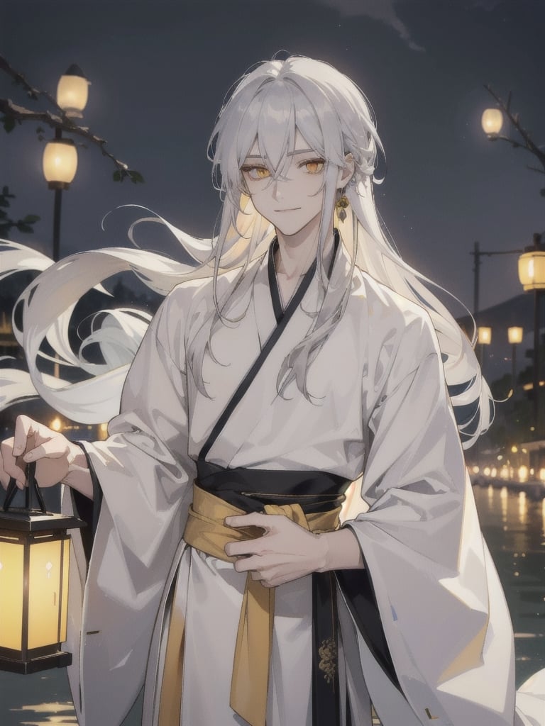 (masterpiece, best quality), ultra high resolution, detailed face, perfect focus, 1boy, beautiful man, (beautiful yellow_eyes), sharp_eyes, smile, silver_hair, long_hair, detailed hand, (white hanfu), night, lanterns, riverside