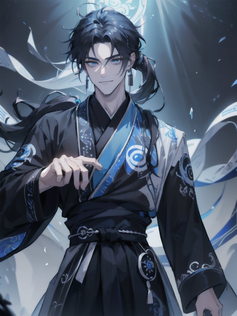 masterpiece, best quality, ultra high resolution, detailed face, perfect focus, 1boy, handsome cool man, (mature:1.2), (tall), detailed beautiful dark_blue_eyes, sharp_eyes, childish smile, black_hair, long_hair, hair_band, low_pony_tail, (black_hanfu),(black yin yang embroidery),(blue_earring), (silver_rings), free style, lighting magic