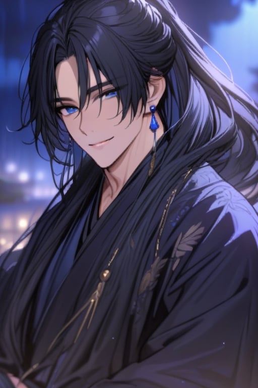 ((masterpiece, best quality)), detailed face, perfect focus, 1boy, (beautiful detailed eyes), handsome, smile, black_hair, long_hair, (blue_earring) , (moonlight), (gorgeous black hanfu), blurry background