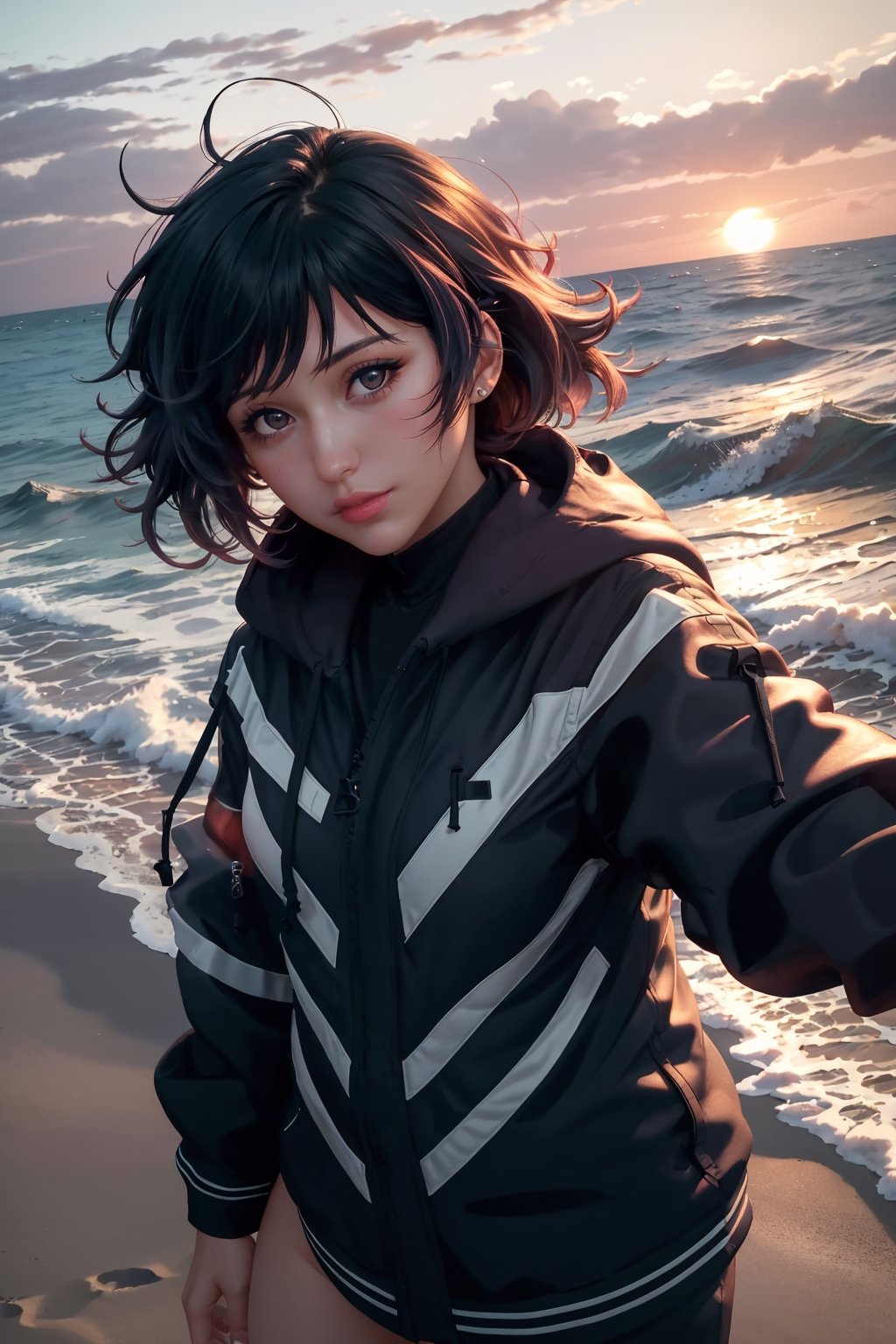 xxmix_girl,  a woman takes a fisheye selfie on a beach at sunset,  the wind blowing through her messy hair. The sea stretc...