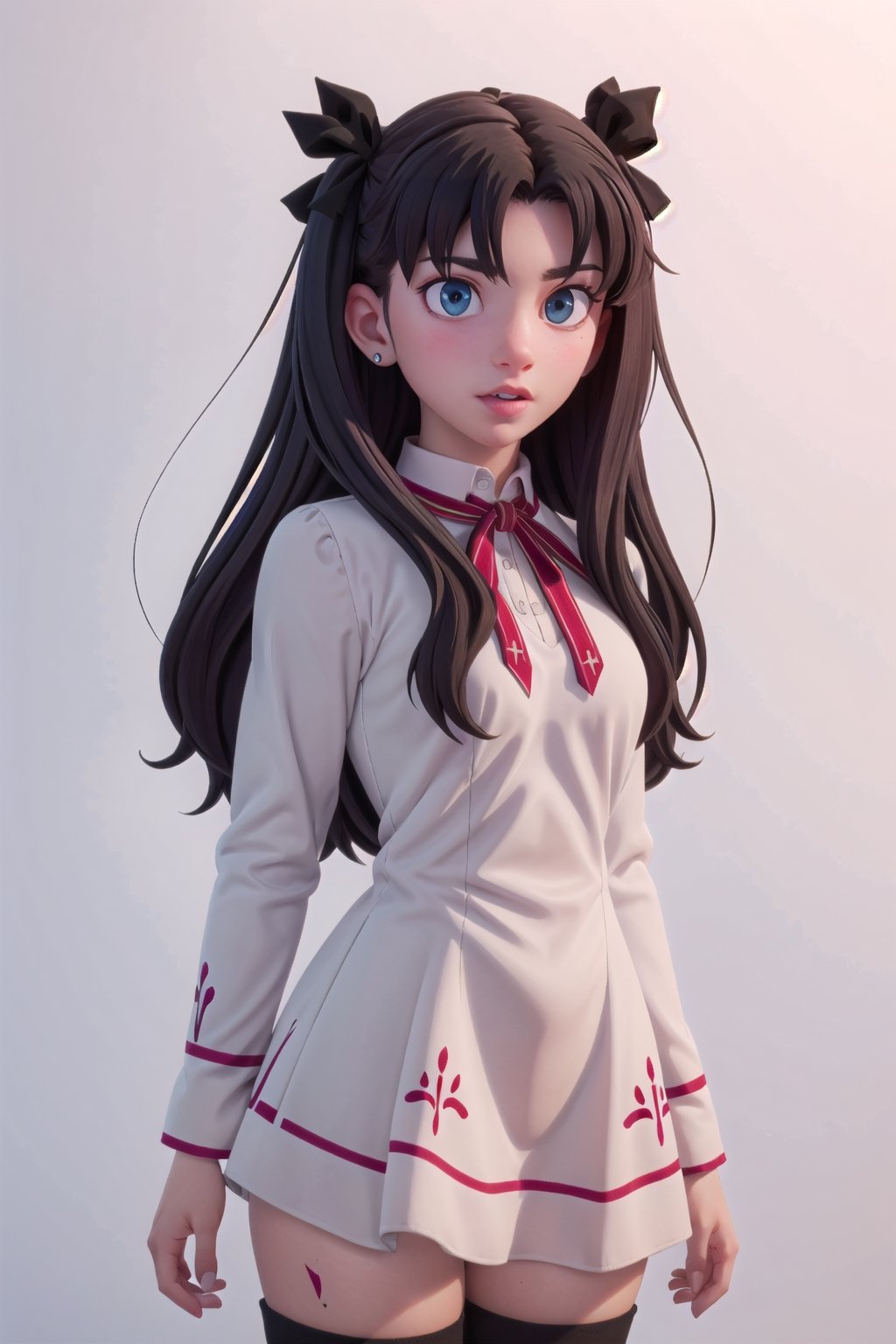 8k, ultra high quality, 3d, girl, abstract, design, graffiti, white background, Grt2c,1 girl , realistic, solo, giselle,BambiettaDef,tohsaka_rin_fatestaynightufotable, long hair, black hair, two side up, ribbon, hair ribbon, blue eyes