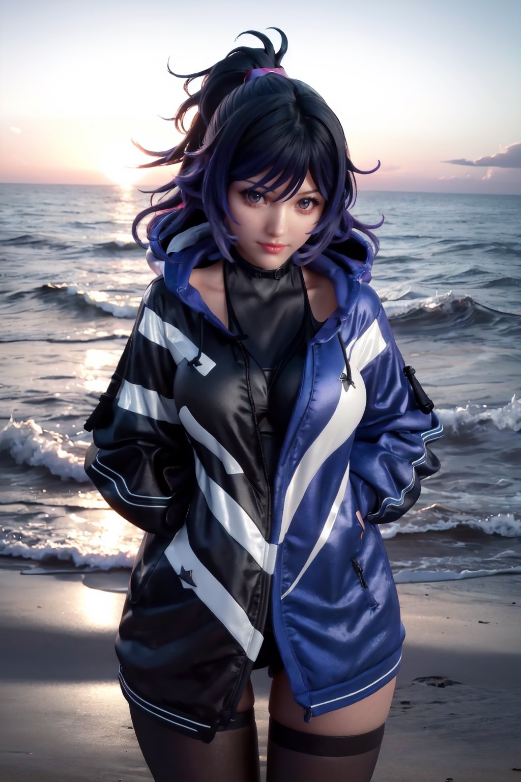 xxmix_girl,  a woman takes a fisheye selfie on a beach at sunset,  the wind blowing through her messy hair. The sea stretc...