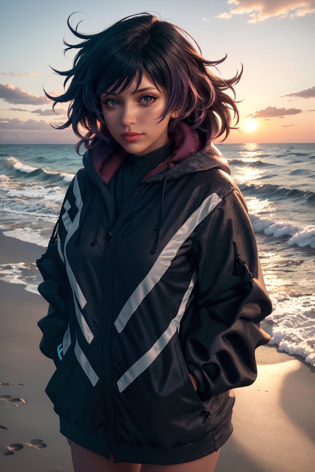 xxmix_girl,  a woman takes a fisheye selfie on a beach at sunset,  the wind blowing through her messy hair. The sea stretc...