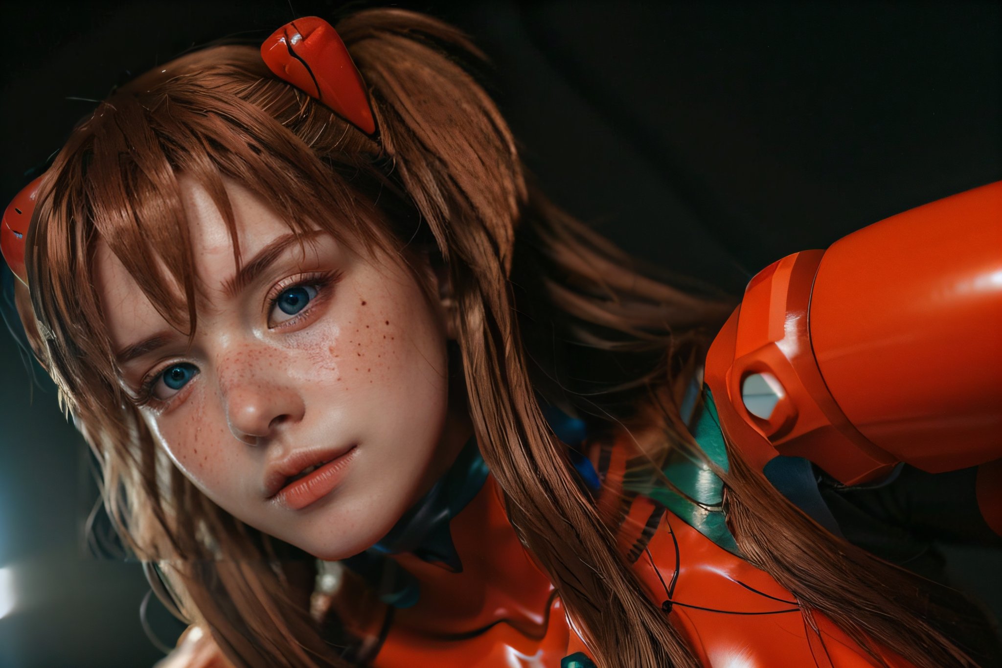 analog style, modelshoot style, portrait of shirogane, close up, feminine, epic (photo, studio lighting, hard light, sony a7, 50 mm, matte skin, pores, colors, hyperdetailed, hyperrealistic), Asuka Langley - Shirogane-Sama Cosplay