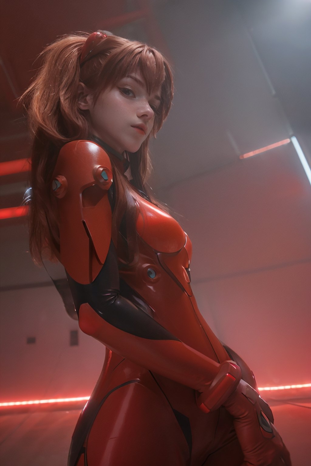 4K, 8K, (Masterpiece, best quality:1.2), blue eyes, perfect face, cosplay, professional photo, photo, photorealism, ((red armor)), modelshoot style, portrait of shirogane, red plugsuit, feminine, (girl),  ((cyberpunk landscape)), (narrow waist), upper body, face shot, very small breats, sexy look, 