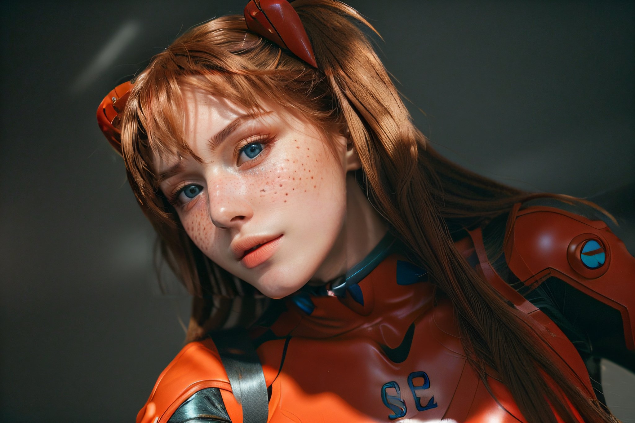 analog style, modelshoot style, portrait of shirogane, close up, feminine, epic (photo, studio lighting, hard light, sony a7, 50 mm, matte skin, pores, colors, hyperdetailed, hyperrealistic), Asuka Langley - Shirogane-Sama Cosplay, sexy look