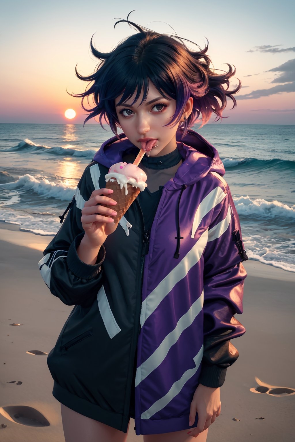 food, food in mouth, holding, holding food, eating, sexually suggestive, parted lips, tongue, tongue out, saliva, licking, popsicle, melting, solo, hand up, ice cream, holding ice cream, popsicle in mouth, looking at viewer, suggestive fluid, food on body,
xxmix_girl,a woman takes a fisheye selfie on a beach at sunset, the wind blowing through her messy hair. The sea stretches out behind her, creating a stunning aesthetic and atmosphere with a rating of 1.2.,xxmix girl woman, futanari, close up,reina,Extremely Realistic