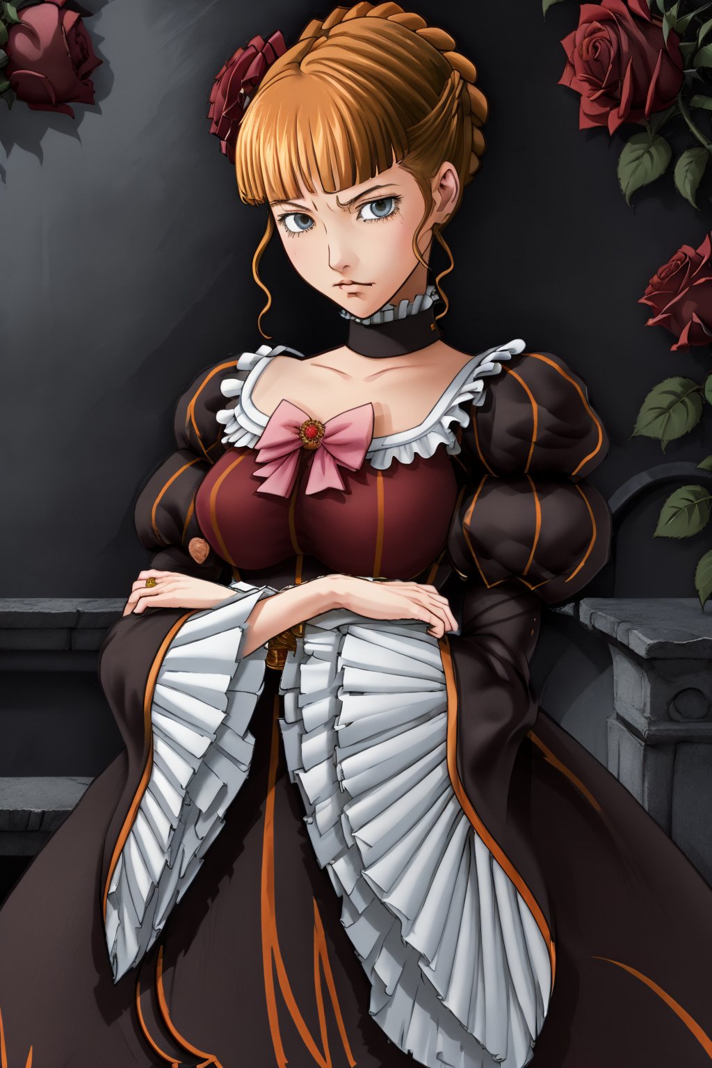 I draw as realistically as possible, portrait of beatrice ((beatrice)) ((umineko)),nyantcha style,beatrice,beatrice1, beatrice smoking a pipe, garden full of red roses background