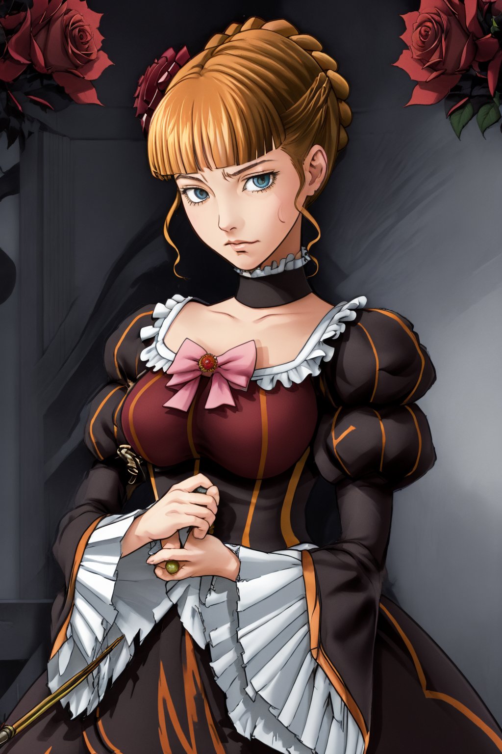 I draw as realistically as possible, portrait of beatrice ((beatrice)) ((umineko)),nyantcha style,beatrice,beatrice1, beatrice smoking a pipe, garden full of red roses background