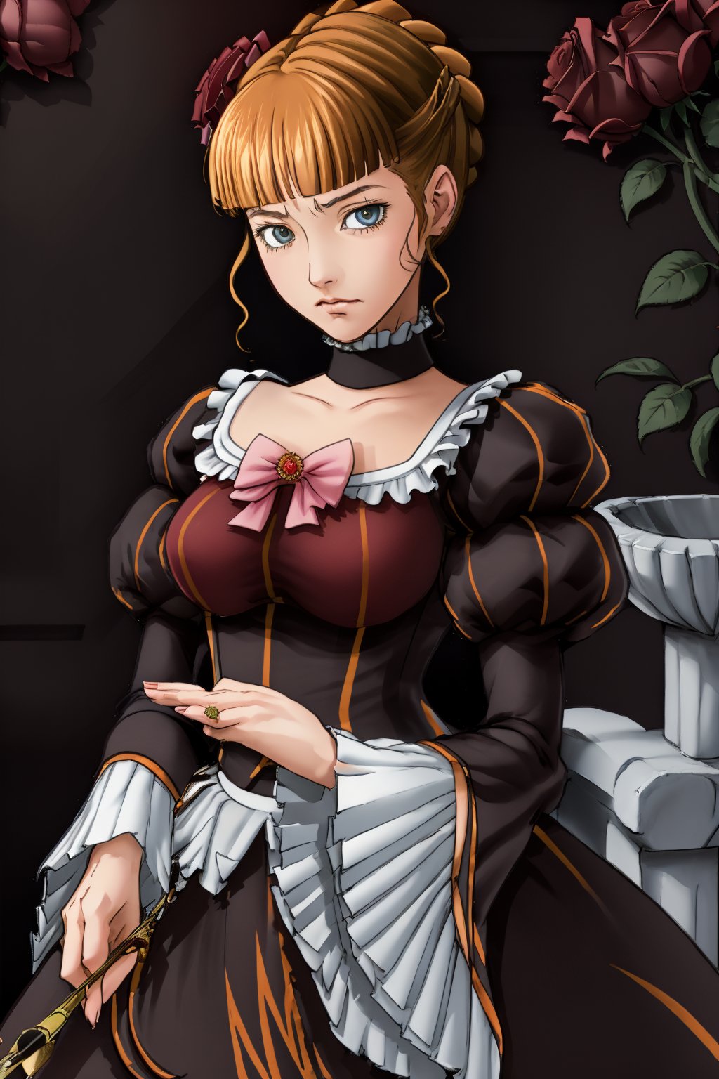 I draw as realistically as possible, portrait of beatrice ((beatrice)) ((umineko)),nyantcha style,beatrice,beatrice1, beatrice smoking a pipe, garden full of red roses background