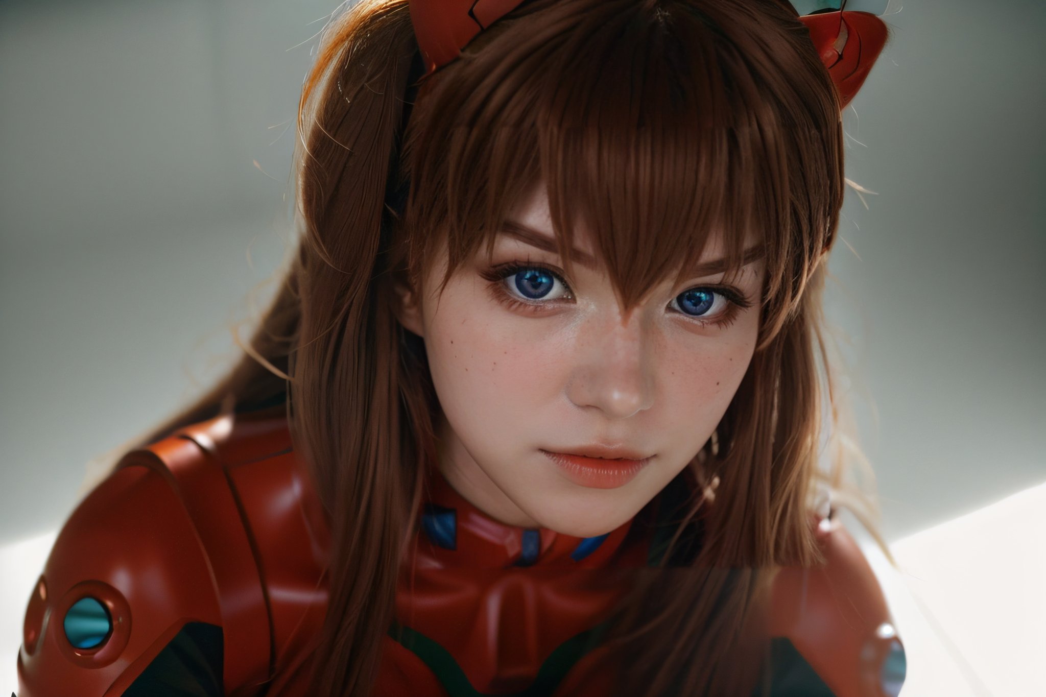 analog style, modelshoot style, portrait of shirogane, close up, feminine, epic (photo, studio lighting, hard light, sony a7, 50 mm, matte skin, pores, colors, hyperdetailed, hyperrealistic), Asuka Langley - Shirogane-Sama Cosplay, sexy look