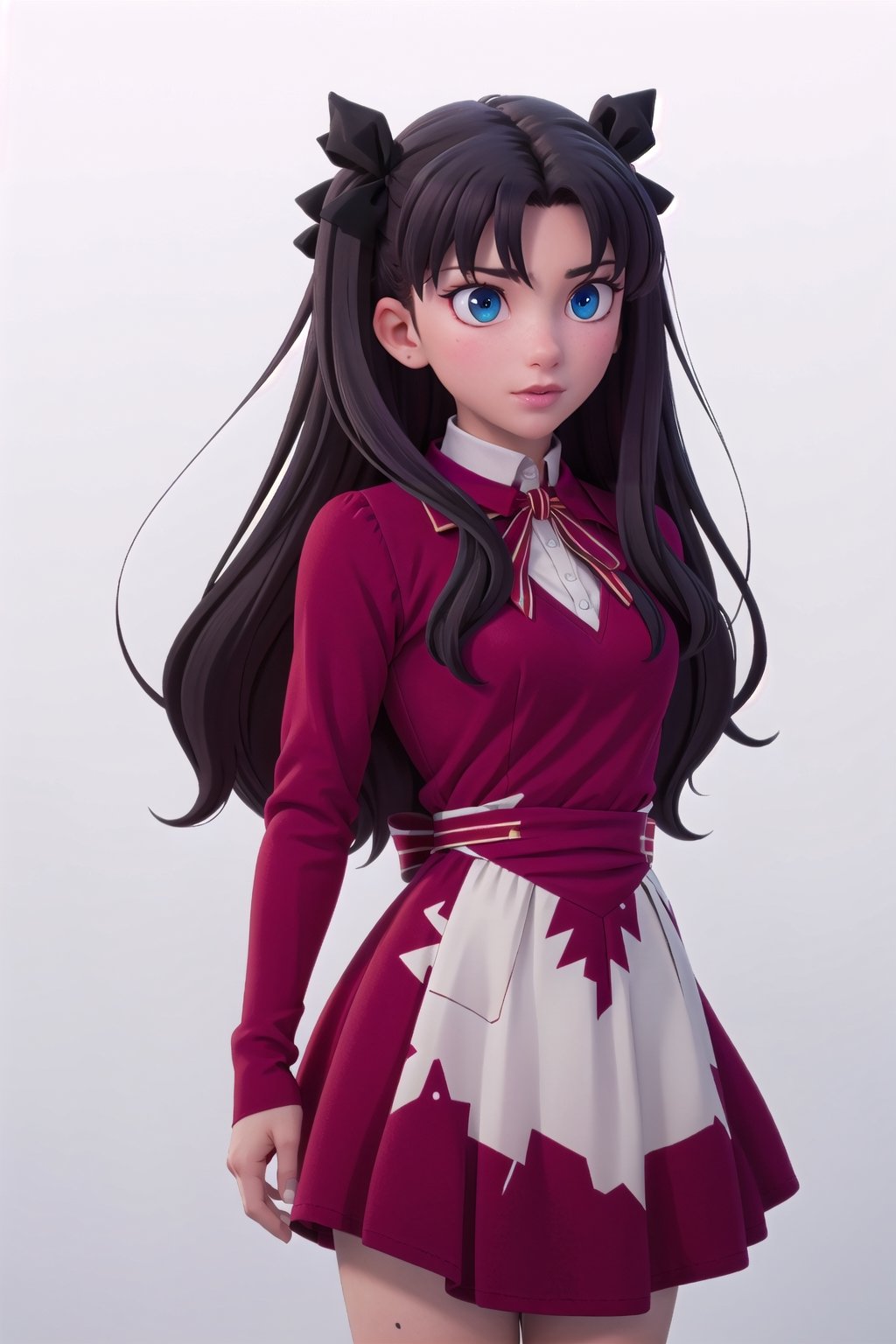 8k, ultra high quality, 3d, girl, abstract, design, graffiti, white background, Grt2c,1 girl , realistic, solo, giselle,BambiettaDef,tohsaka_rin_fatestaynightufotable, long hair, black hair, two side up, ribbon, hair ribbon, blue eyes