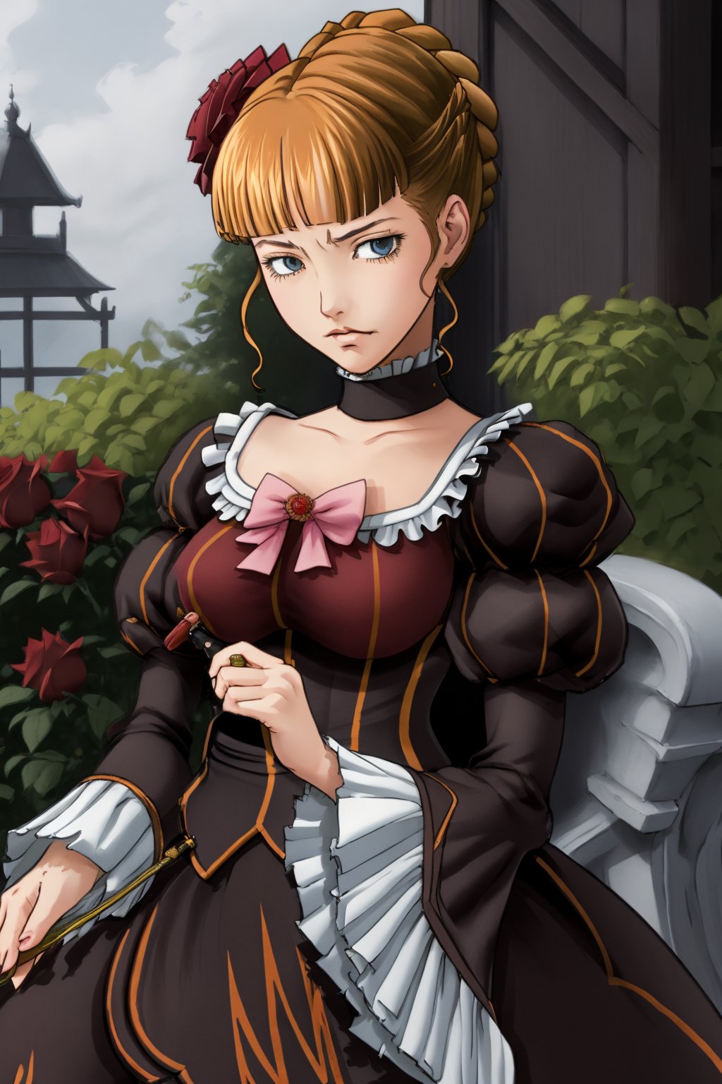 I draw as realistically as possible, portrait of beatrice ((beatrice)) ((umineko)),nyantcha style,beatrice,beatrice1, beatrice smoking a pipe, garden full of red roses background