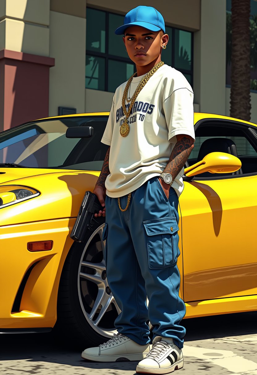 Vibrant xRottx-gta-Style, 1 boy with confident swagger, detailed gangster attire, gleaming gold chain, worn blue cap, menacing glock pistol, standing beside sleek yellow Ferrari with gleaming rims and subtle reflections.