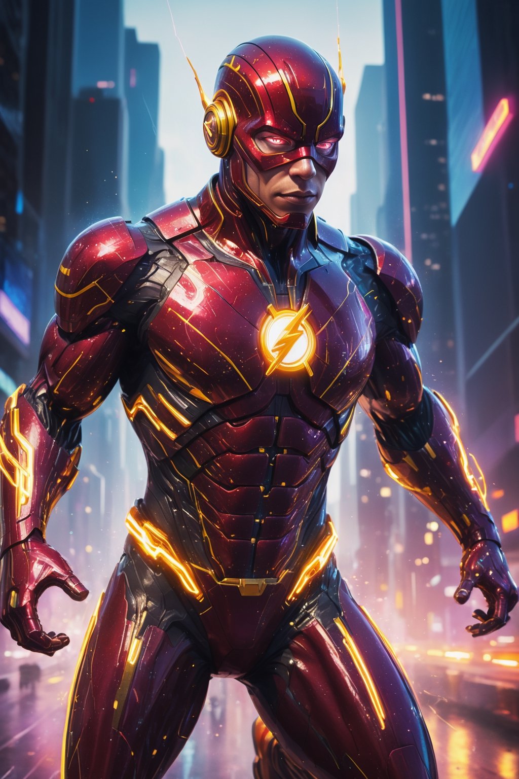 A sleek and futuristic painting of Cyborg Flash running through a neon-lit cityscape. Cyborg Flash is surrounded by sparks...