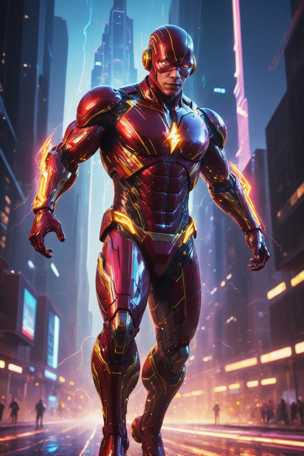 A sleek and futuristic painting of Cyborg Flash running through a neon-lit cityscape. Cyborg Flash is surrounded by sparks...