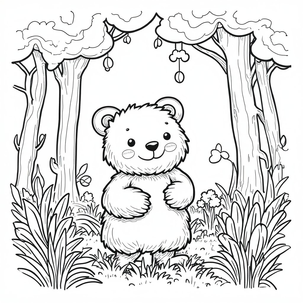 small cute brown anthropomorphic bear in a fairy forest, Shaggy, Furry, Contour technique, outlines for coloring, black and white, line art, v3ctora style