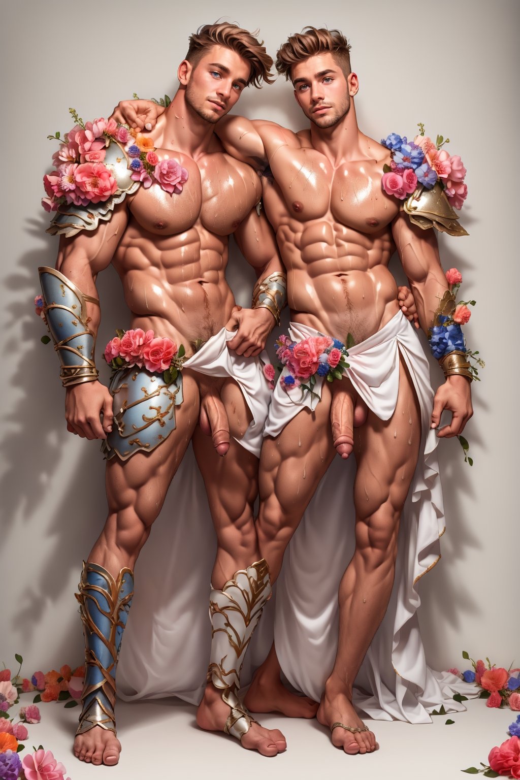 wearing armor, armor,  gay couple, slender boy , shy face  ,long dark hair , wearing mini white skirt ,cute face, perfect man body, full body , blue eyes, man body, sweaty body , sexy face, pink florest backwards , naked , full male body, male  ,flower4rmor