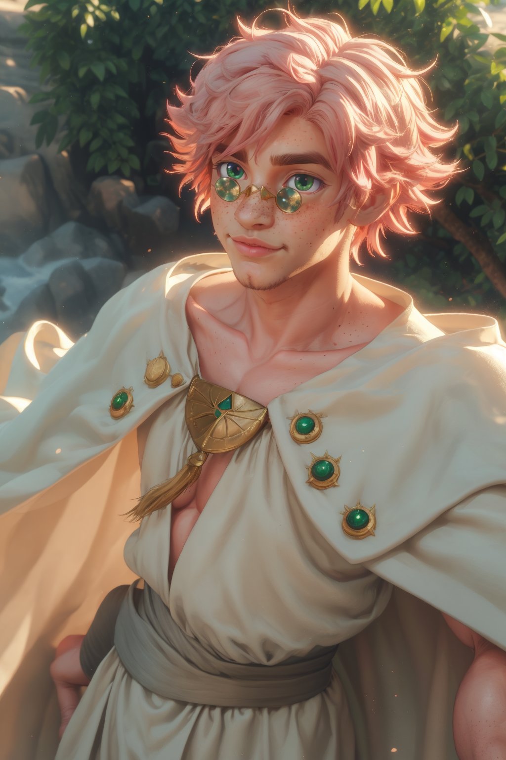  1man, male face , short pink hair, twink body, freckles face, ,green eyes  , kawaii ,white cape white robe,3d animation,ancient dragon,