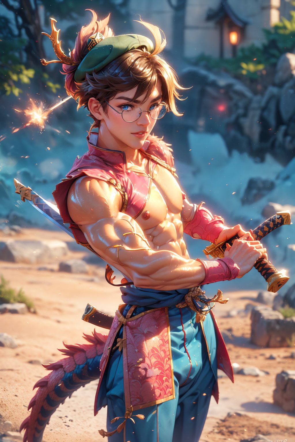  1 man, male face , pink samurai bun hair, twink body, big round glasses, perfect male body posing with swords in hand, freckles face  , blue eyes  , kawaii ,ventidef, beret,venti (genshin impact),battoujutsu,dwarfoil,3d animation,ancient dragon