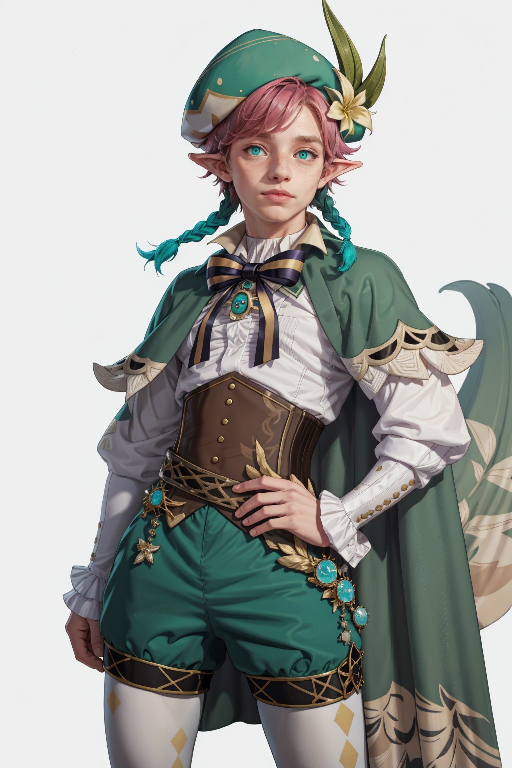  1 man, male face , braid pink hair, twink body, freckles face, ,green eyes  , kawaii  , elf ear, venti clothes,wrenchftmfshn, freckles all over the body,venti (genshin impact),ventidef, hat flower, GREEN SHORTS,CAPE,JEWELRY, BROOCH, LONG SLEEVES, FRILLED SLEEVES,CORSET, WHITE PANTYHOSE, white shirt,BOW, beret, with furry tail