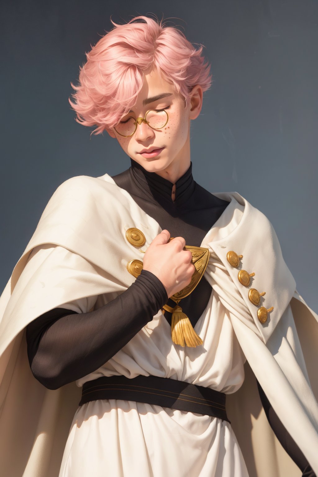  1 man, male face , short pink hair, twink body, freckles face, ,closed eyes  , kawaii ,perfect light,white cape white robe,1boy glasses