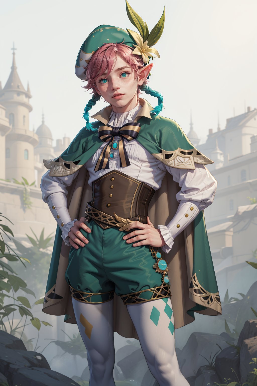  1 man, male face , braid pink hair, twink body, freckles face, ,green eyes  , kawaii  , elf ear, venti clothes,wrenchftmfshn, freckles all over the body,venti (genshin impact),ventidef, hat flower, GREEN SHORTS,CAPE,JEWELRY, BROOCH, LONG SLEEVES, FRILLED SLEEVES,CORSET, WHITE PANTYHOSE, white shirt,BOW, beret, with furry tail