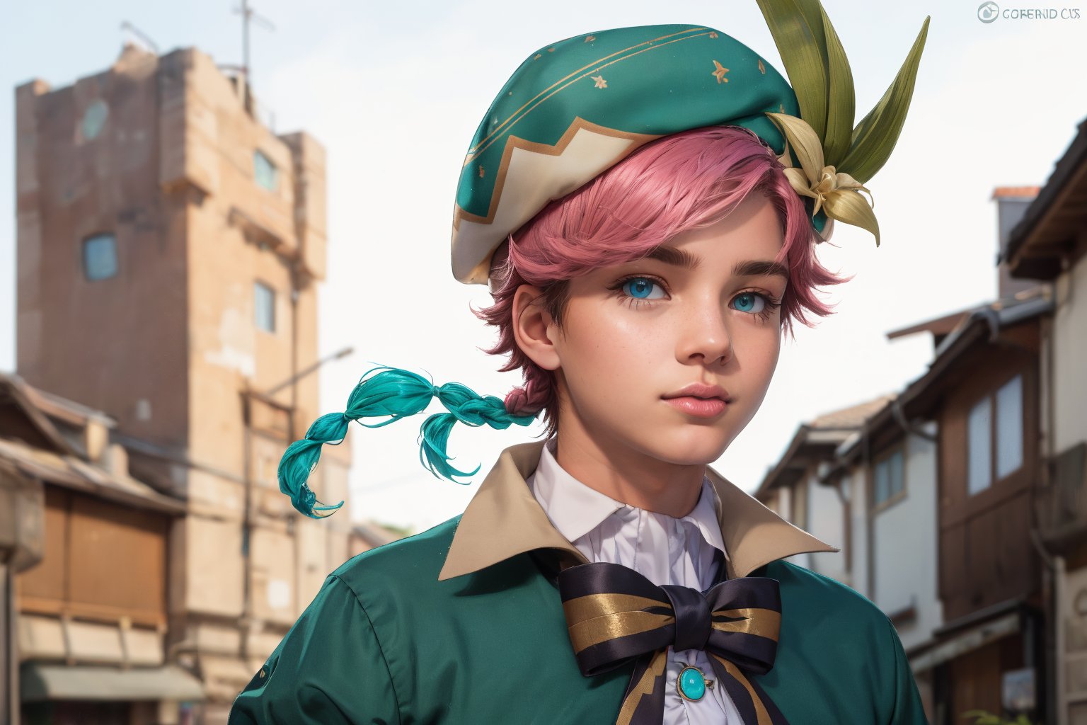  1 man, male face , braid pink hair, twink body, freckles face,  ,green eyes  , kawaii ,ventidef, beret,venti (genshin impact)