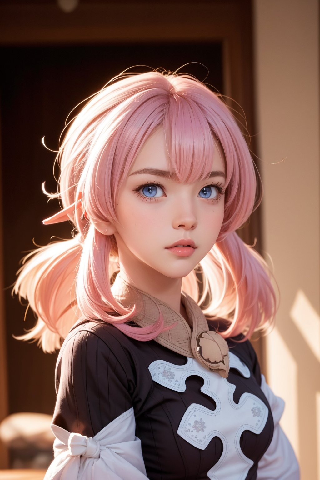 1girl, solo, looking at viewer, bangs, blue eyes, hair between eyes, jewelry, closed mouth, upper body, pink hair, indoors, mole, blurry, lips, blurry background, realistic, nose,klee (genshin impact),klee_genshin , klee clothes