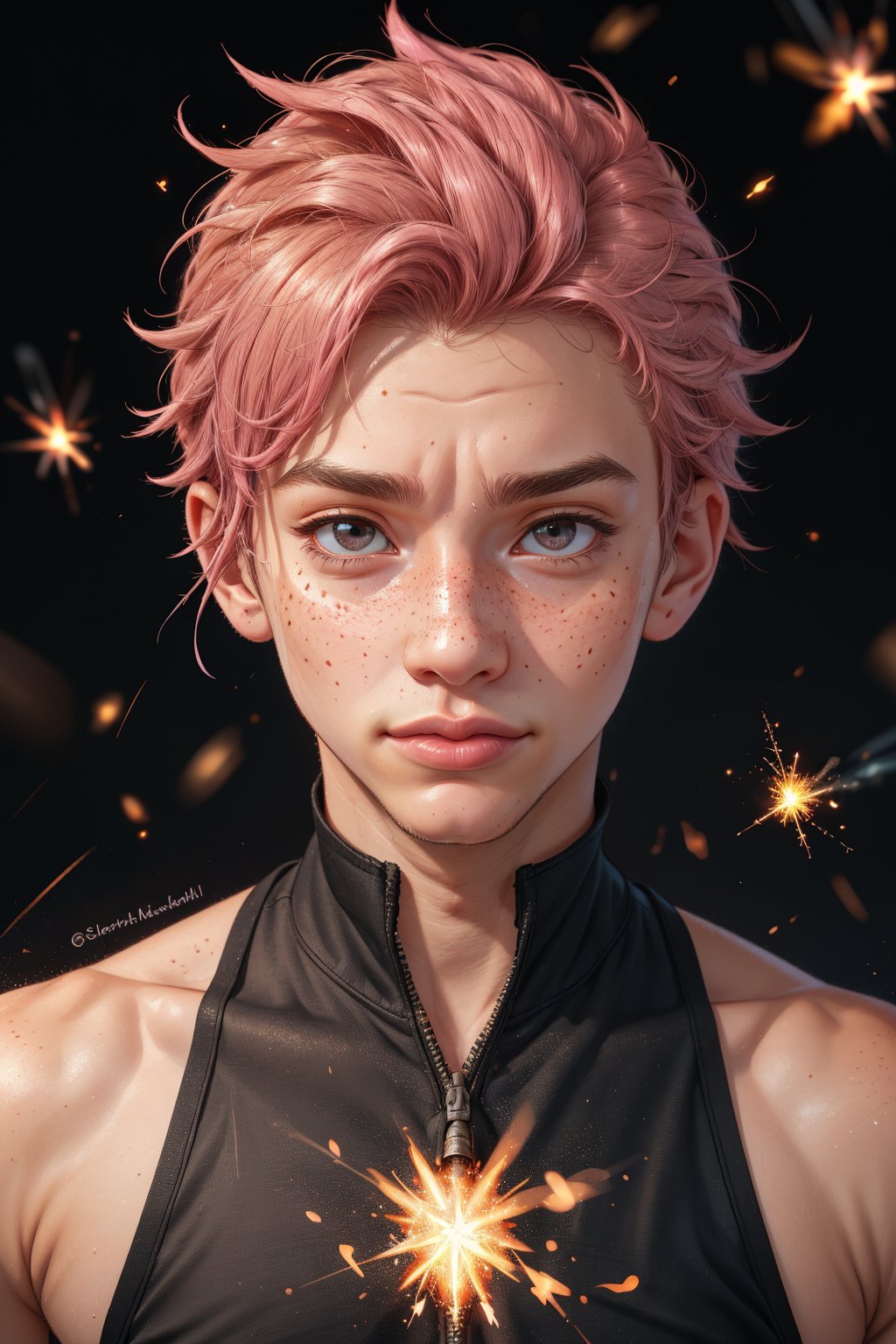  1 man, male face , short pink hair, full twink body, freckles face , black eyes , black background
, kawaii , freckles on the face,Light particles and spark,