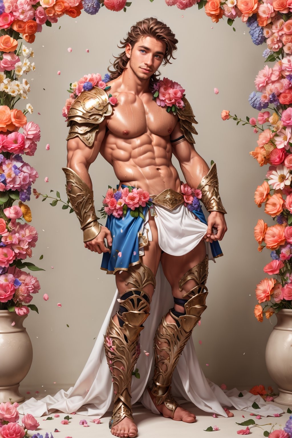 wearing armor, armor,  gay couple, slender boy , shy face  ,long dark hair , wearing mini white skirt ,cute face, perfect man body, full body , blue eyes, man body, sweaty body , sexy face, pink florest backwards , naked , full male body, male  ,flower4rmor