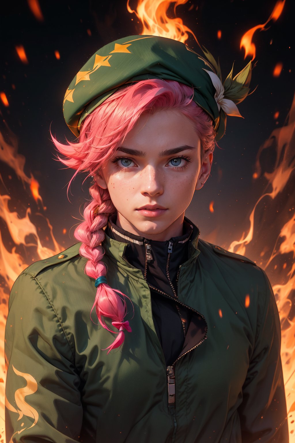  1 man, male face , braid pink hair, twink body, freckles face,  ,green eyes  , kawaii ,ventidef, beret,venti (genshin impact),r1ge