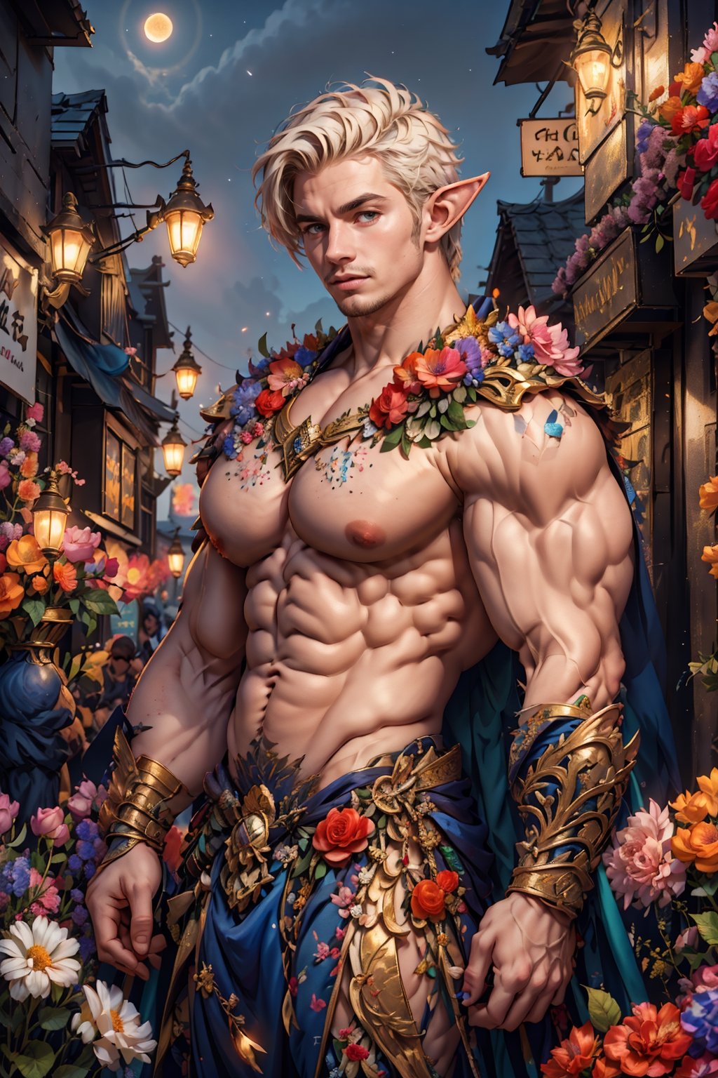  1man ,  freckles face ,at night in the city  ,blue eyes , short white hair , kawaii ,elf ears,flower4rmor,thicc