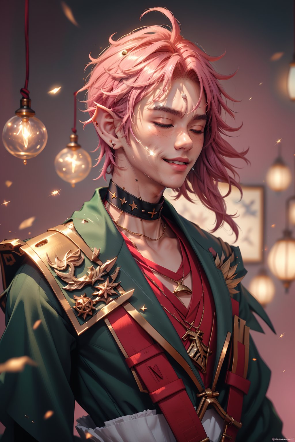 1 man, twink body, closed eyes,short pink hair, freckles face,   , kawaii  , elf ear ,A Asian man  , adorned with a sexy choker,wrenchftmfshn,fantasy clothing,Light particles  , ventidef, beret,venti (genshin impact) , harness,glasglow_smile,cut_cheks