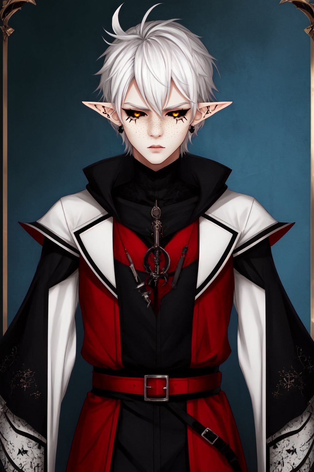  1 man, male face , short white hair, twink body, freckles face , kawaii ,perfect light , elf ear,fantasy clothing,wrenchftmfshn,Completely_black_eyes,dark_sclera,empty eyes,black sclera ,vtuber-fullbody