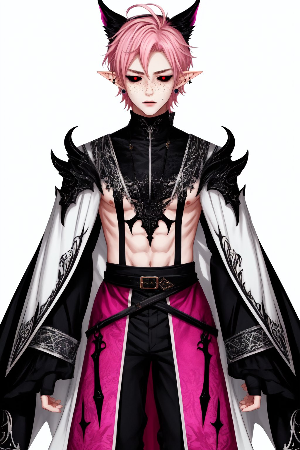  1 man, male face , short pink hair, twink body, white eye, freckles face , kawaii ,perfect light , elf ear,fantasy clothing,wrenchftmfshn,Completely_black_eyes,dark_sclera,empty eyes,black sclera ,vtuber-fullbody