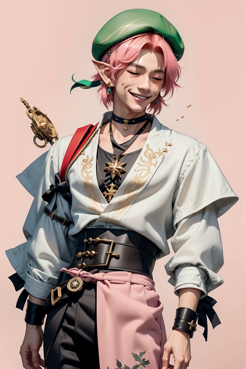 1 man, twink body, closed eyes,short pink hair, freckles face,   , kawaii  , elf ear ,A Asian man  , adorned with a sexy choker,wrenchftmfshn,fantasy clothing , ventidef, beret,venti (genshin impact) , harness,glasglow_smile,cut_cheks