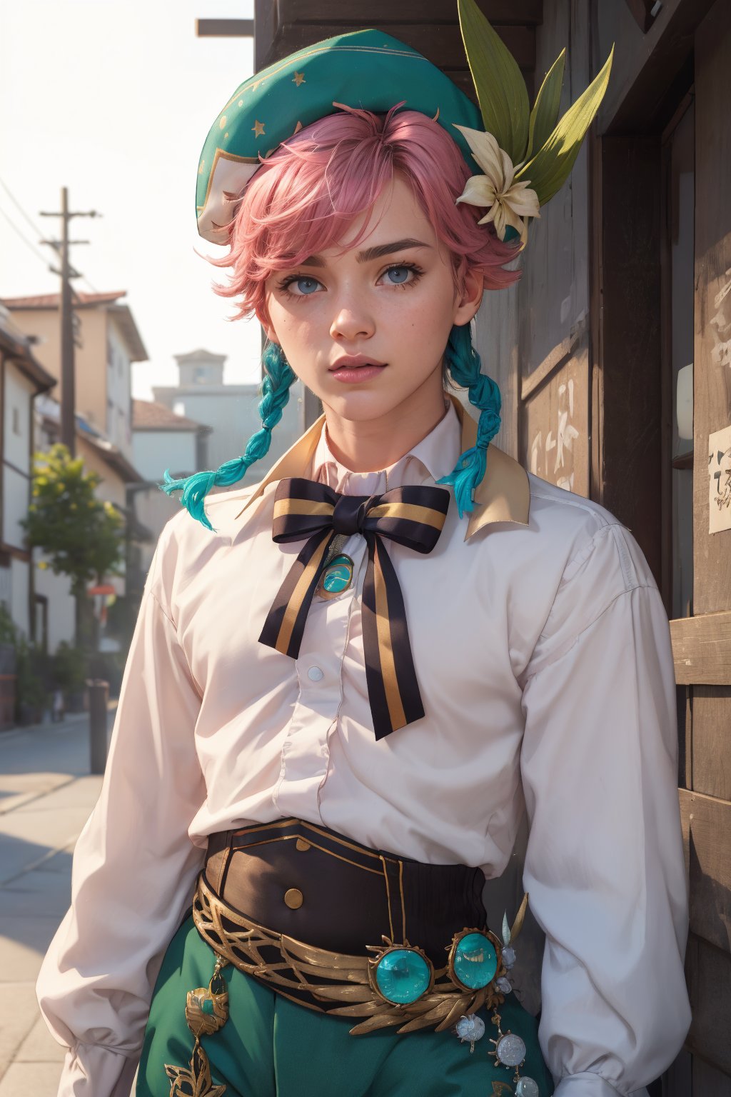  1 man, male face , braid pink hair, twink body, freckles face,  ,green eyes  , kawaii ,ventidef, beret,venti (genshin impact)