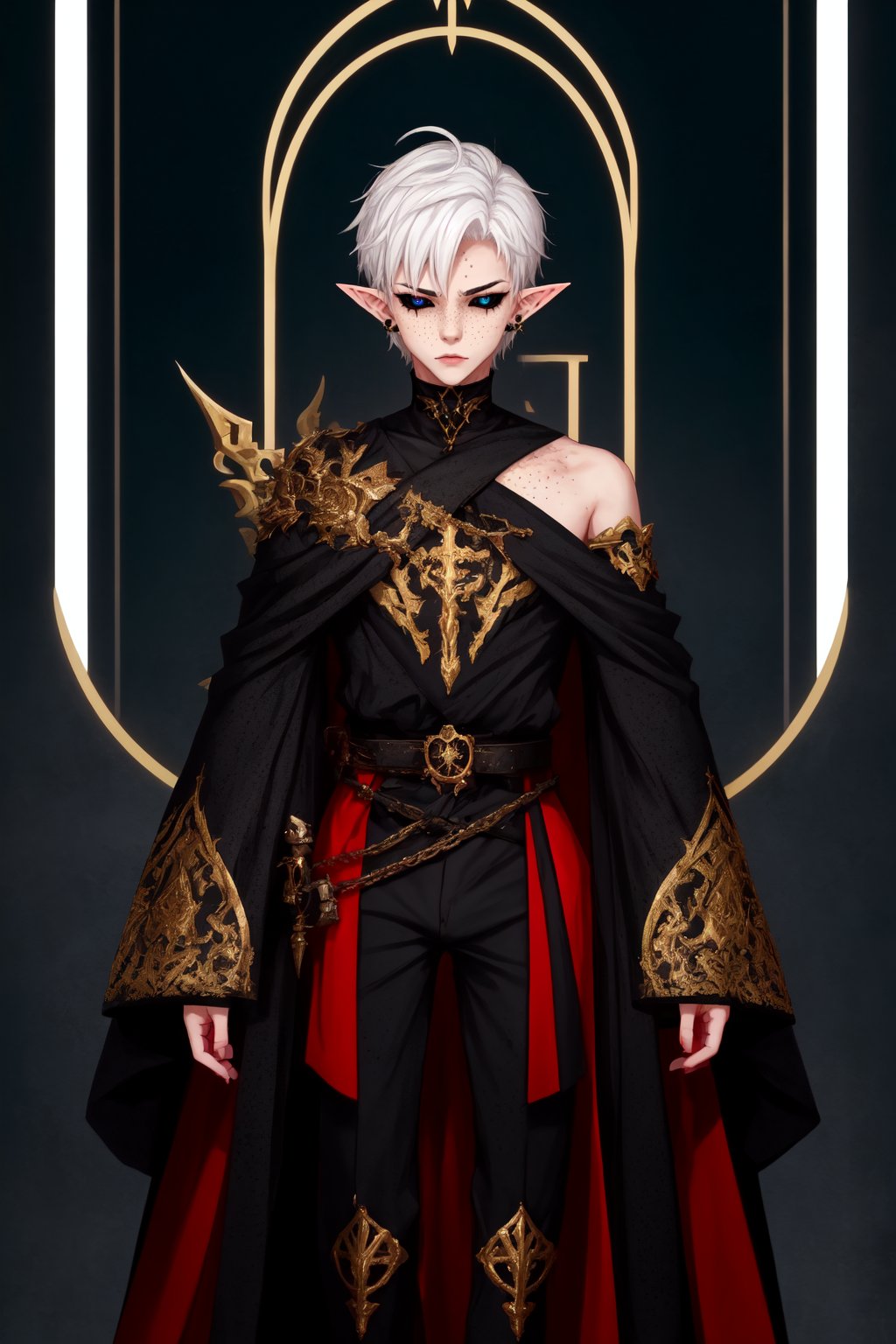  1 man, male face , short white hair, twink body, freckles face , kawaii ,perfect light , elf ear,fantasy clothing,wrenchftmfshn,Completely_black_eyes,dark_sclera,empty eyes,black sclera ,vtuber-fullbody