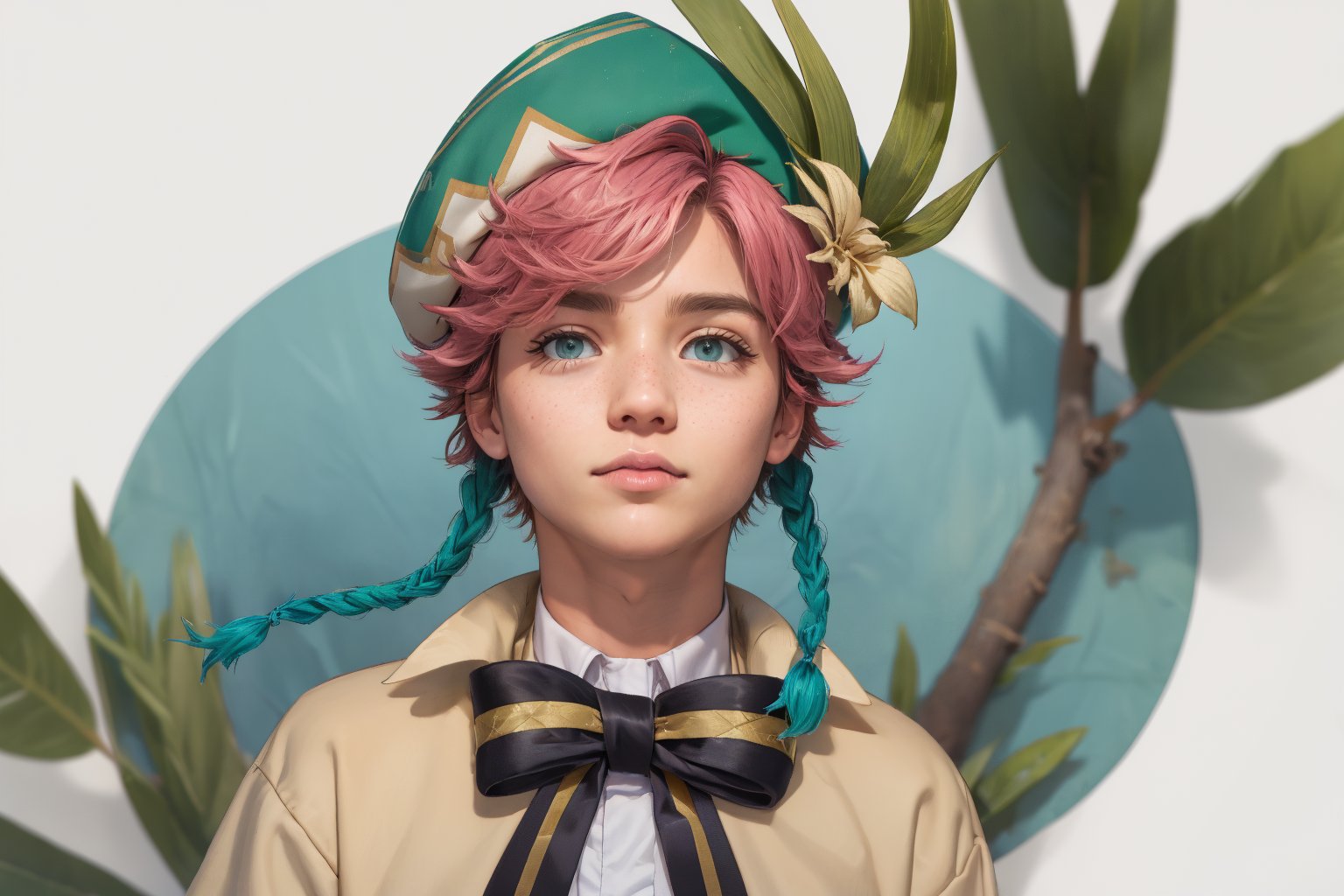  1 man, male face , braid pink hair, twink body, freckles face,  ,green eyes  , kawaii ,ventidef, beret,venti (genshin impact)