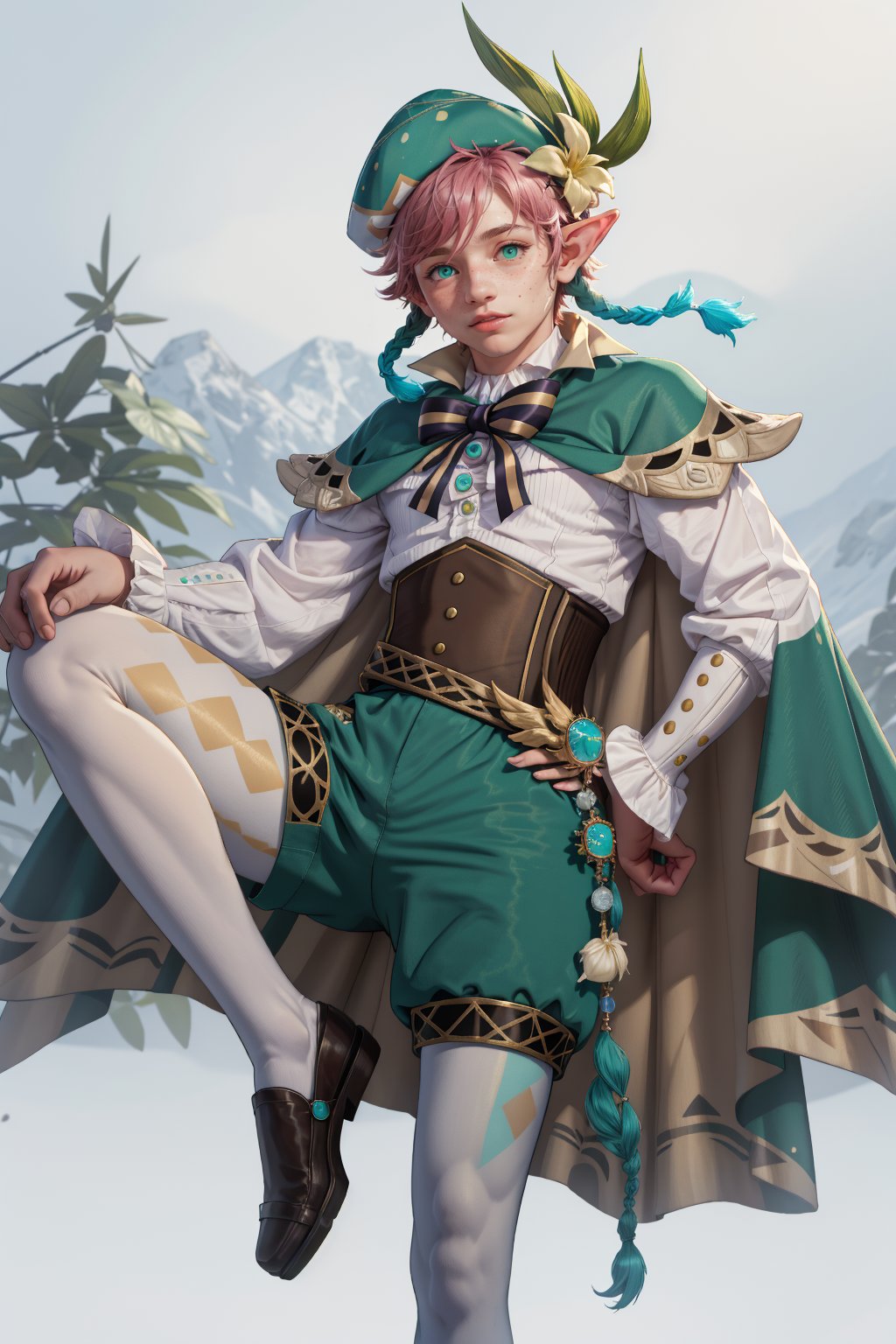  1 man, male face , braid pink hair, twink body, freckles face, ,green eyes  , kawaii  , elf ear, venti clothes,wrenchftmfshn, freckles all over the body,venti (genshin impact),ventidef, hat flower, GREEN SHORTS,CAPE,JEWELRY, BROOCH, LONG SLEEVES, FRILLED SLEEVES,CORSET, WHITE PANTYHOSE, white shirt,BOW, beret, with furry tail