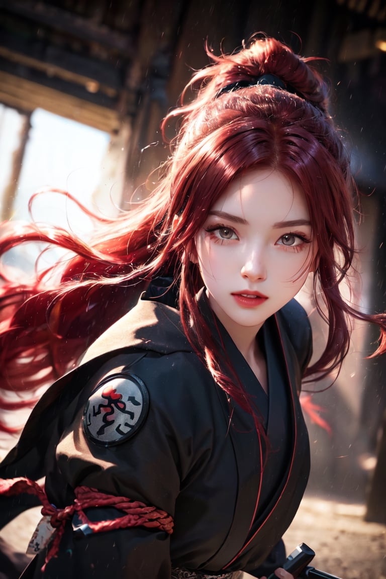 a Japanese ninja girl,  long red hair,  ready to attack by el silencioso on Tensor.Art