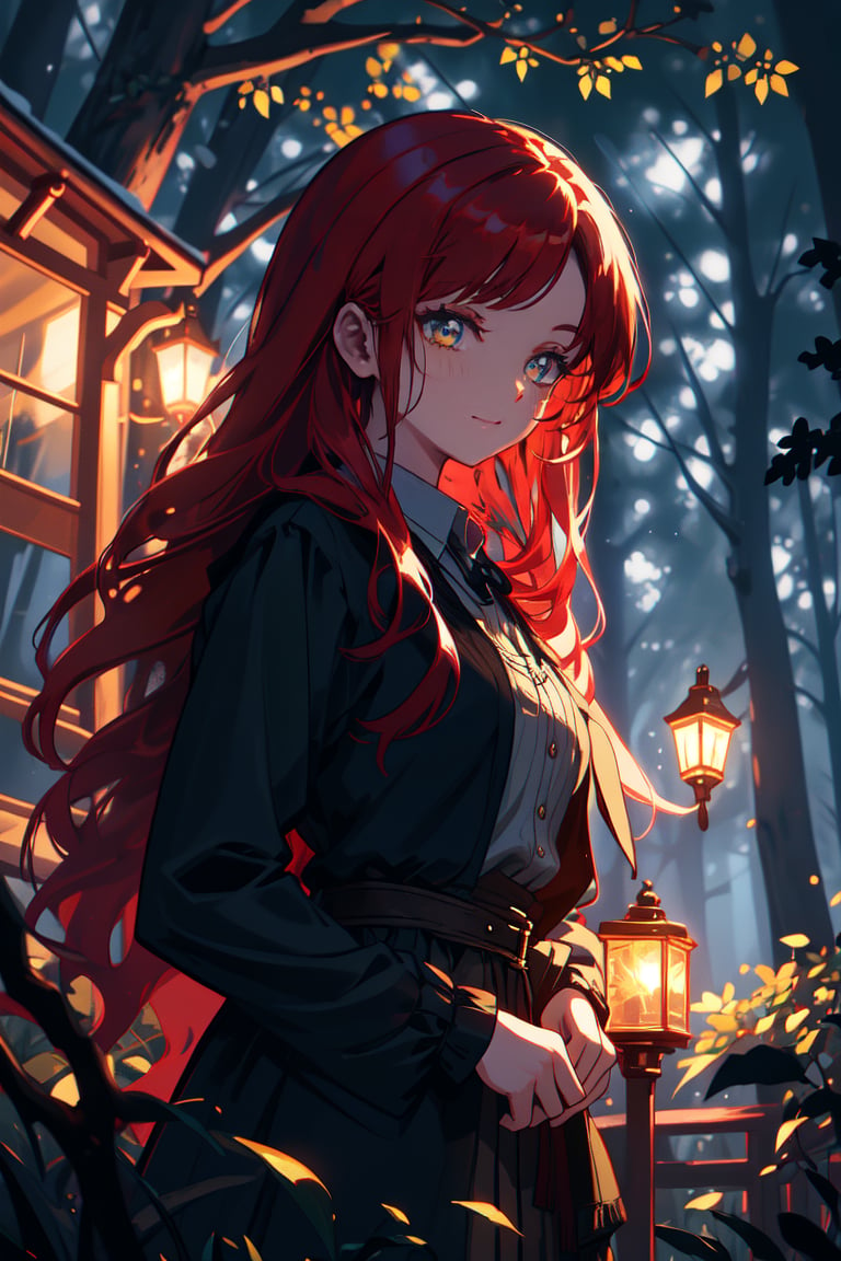 a young dark lady, with a sadness smile, long red hair, forest night, high quality, high resolution, high precision, realism, color correction, proper lighting settings, harmonious composition,