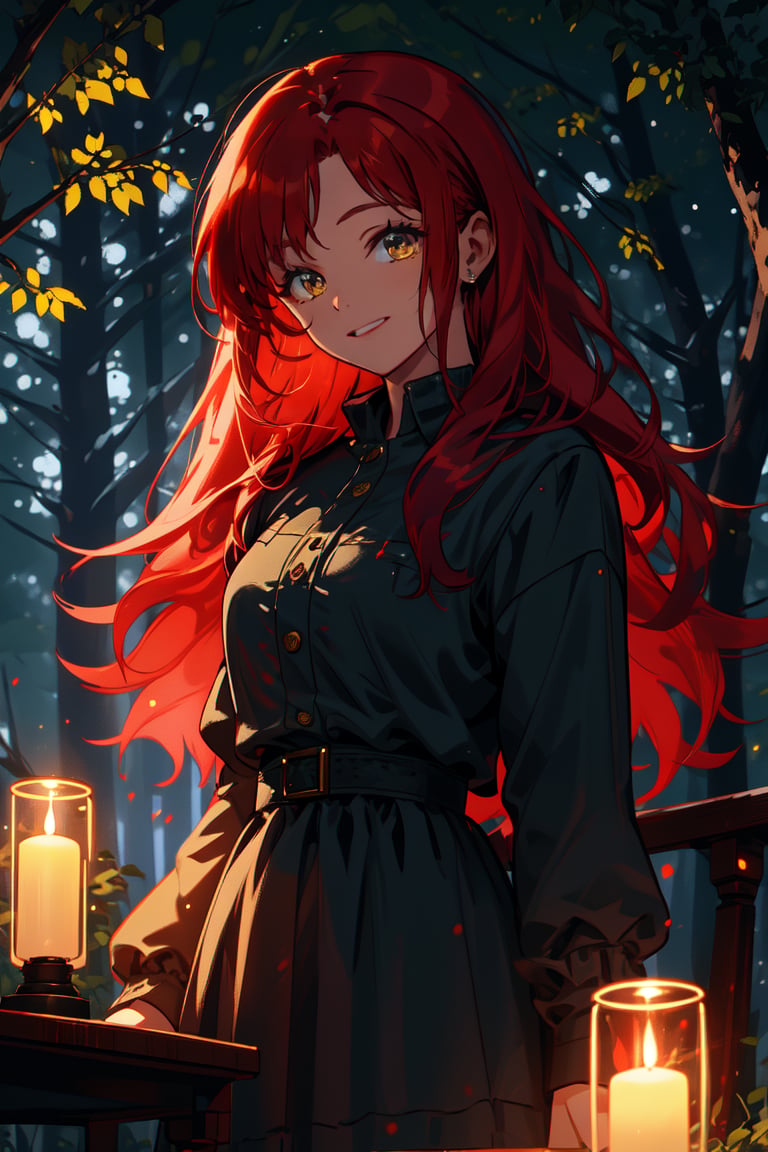 a young dark lady, with a sadness smile, long red hair, forest night, high quality, high resolution, high precision, realism, color correction, proper lighting settings, harmonious composition,